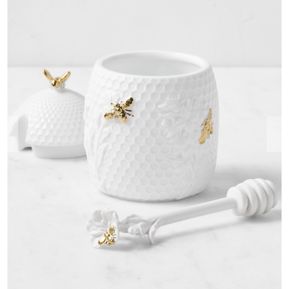 Williams Sonoma Honeycomb Porcelain Honey Pot, Dipper & Spoon Rest Set W Box 4pc